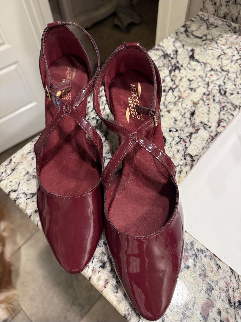 AEROSOLES Burgundy Patent Pointed-Toe Slingback Heels